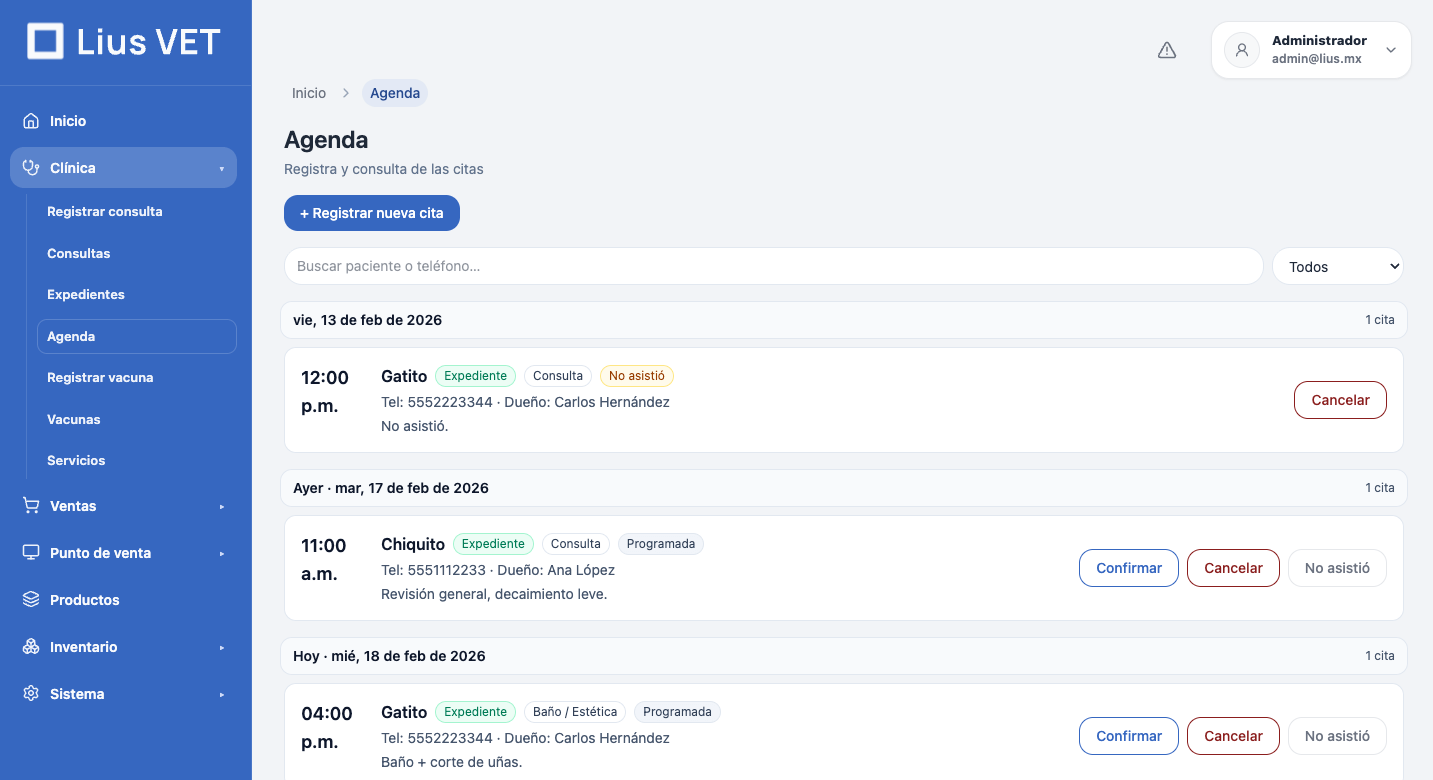 Agenda y consulta en LIUS Vet