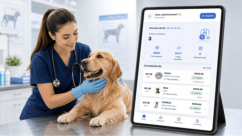 Pantallas de LIUS Vet GO para registrar consultas y cobros